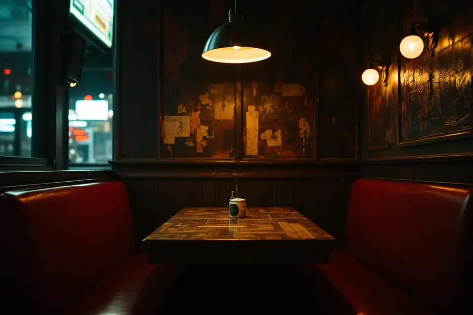 A wooden booth with its own small television mounted at the end of the table