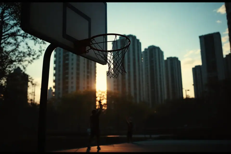 An outdoor public basketball court in a city neighbourhood lit by golden hour sun