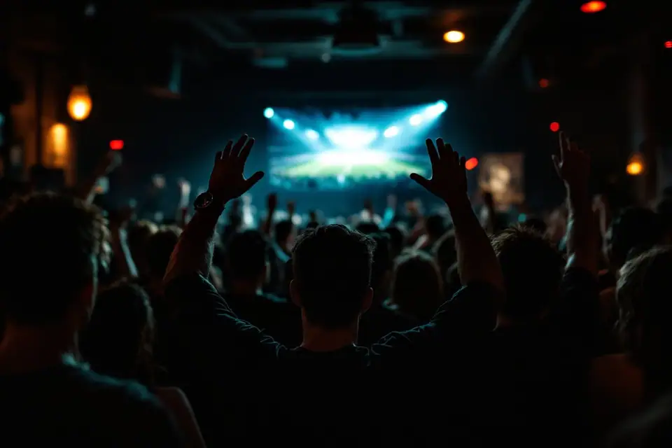 Fans seen from behind with their arms raised as they watch a big screen