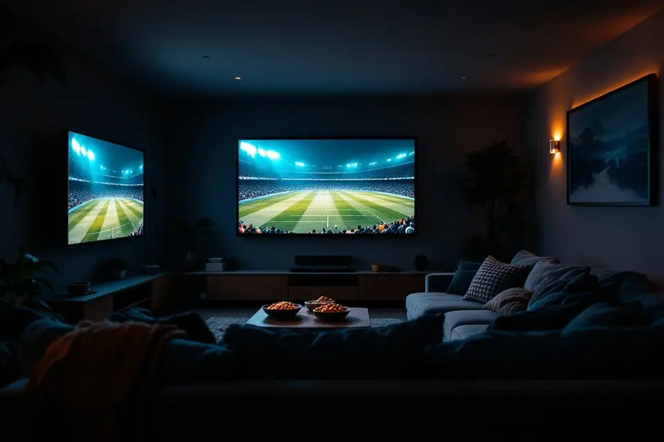 A basement home viewing room with a large sectional sofa facing a wall mounted television