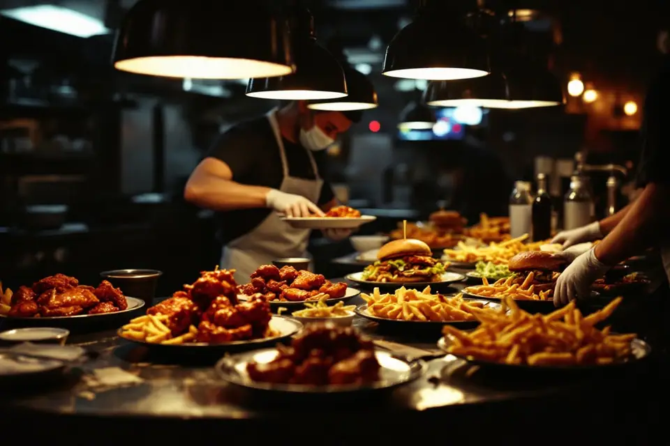 A pub kitchen pass under heat lamps lined with plates of chicken wings and burgers waiting to go out
