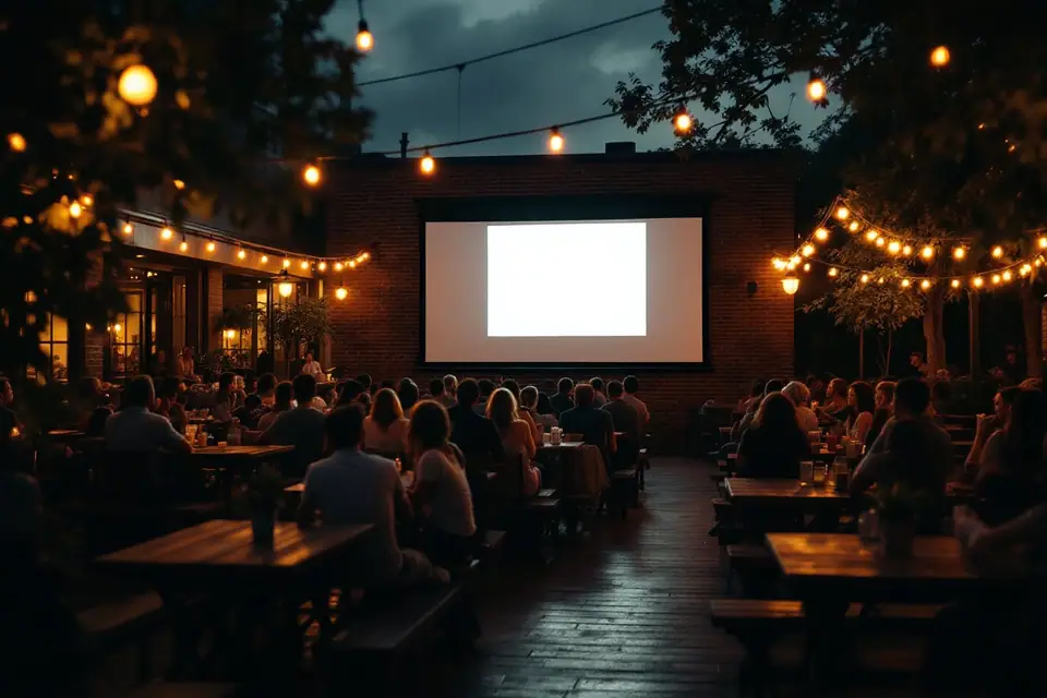 An outdoor patio with a large screen glowing above rows of tables at dusk