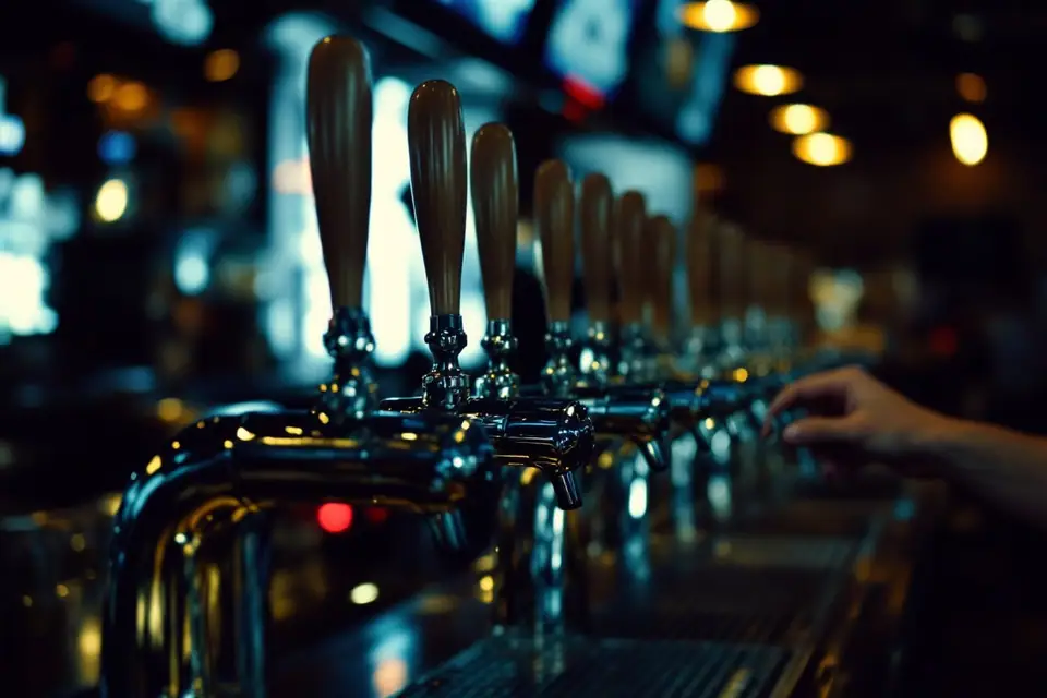 A row of polished chrome beer taps with television screens glowing out of focus behind them