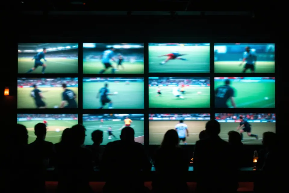 A wall of flat screen televisions showing several different games in a dim room